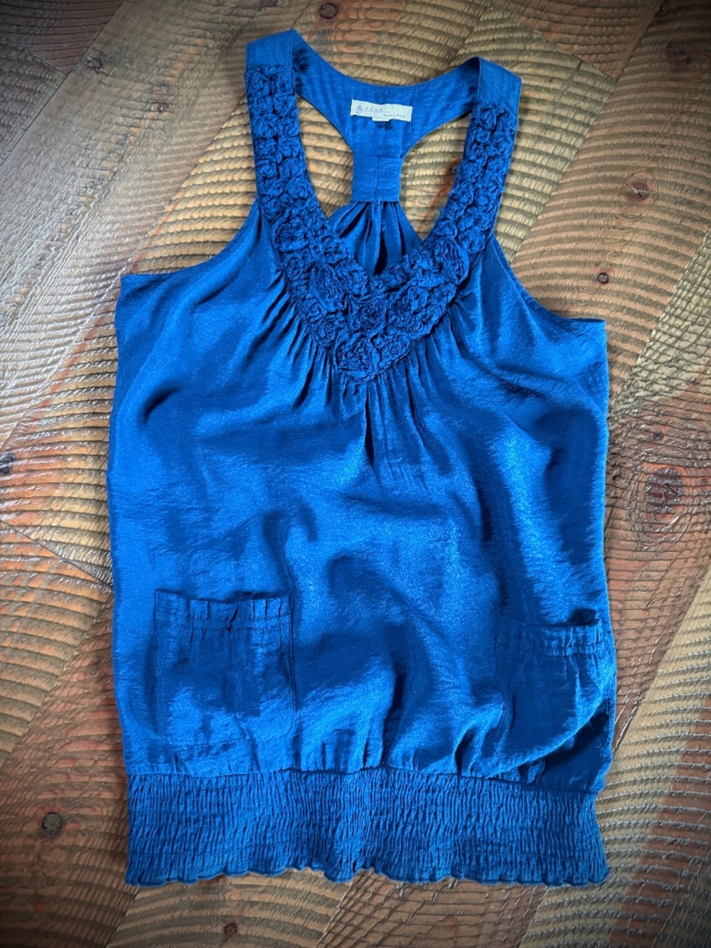 Edge/Design By Mine Boho Blue Rosette Neckline Racerback Cropped Top, Small